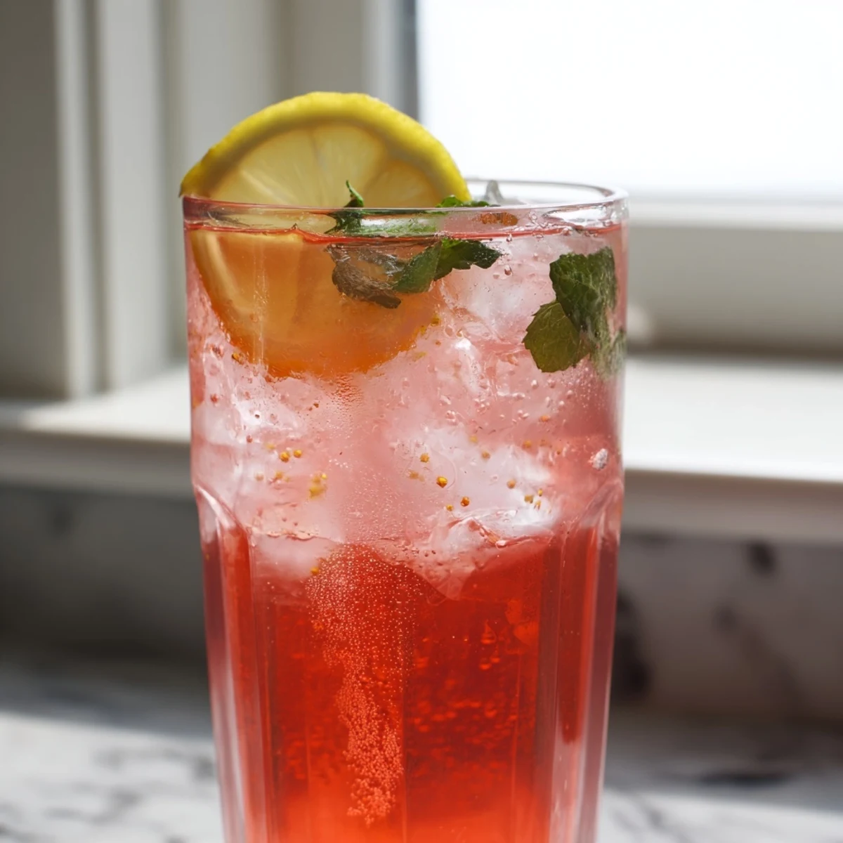 Chilled honey lemon pink soda bubbling in a glass with lemon and grapefruit hues