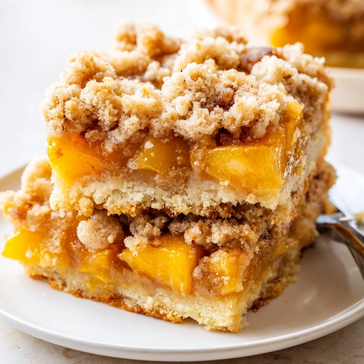Golden sweet and buttery peach bars with cinnamon streusel on a rustic baking sheet