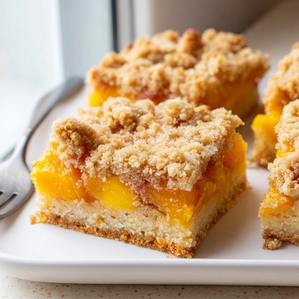 Sweet and buttery peach bars with cinnamon streusel cut into neat squares