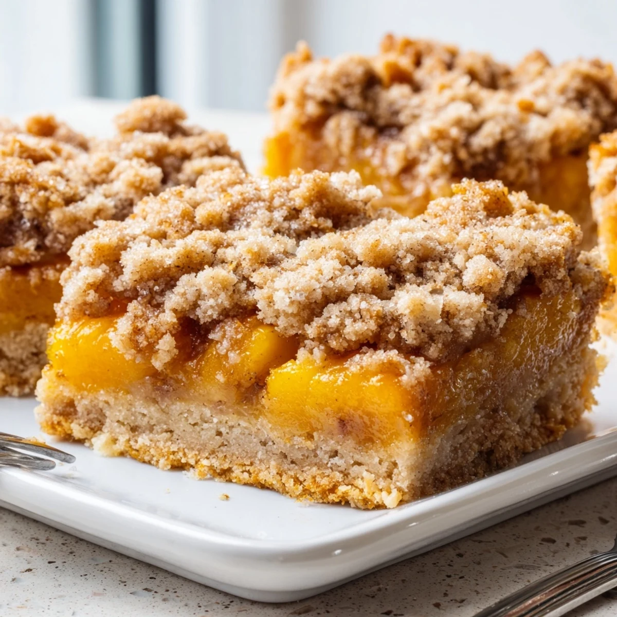 Warm sweet and buttery peach bars with cinnamon streusel served alongside vanilla ice cream