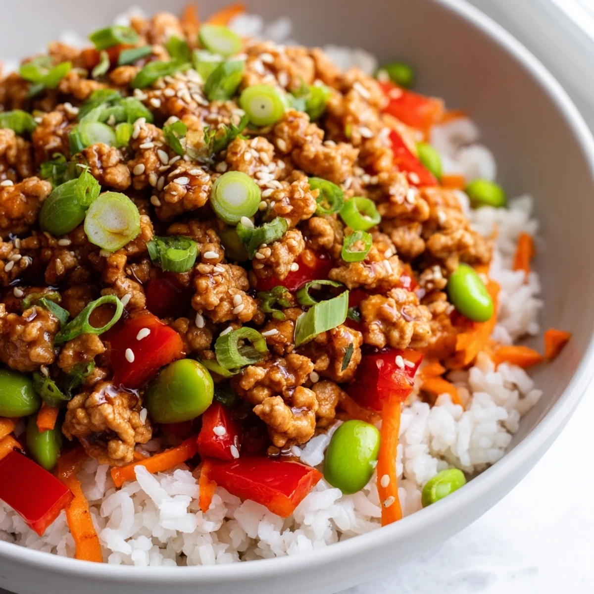 Hearty ground turkey rice bowls topped with sesame seeds, cilantro, and lime wedges