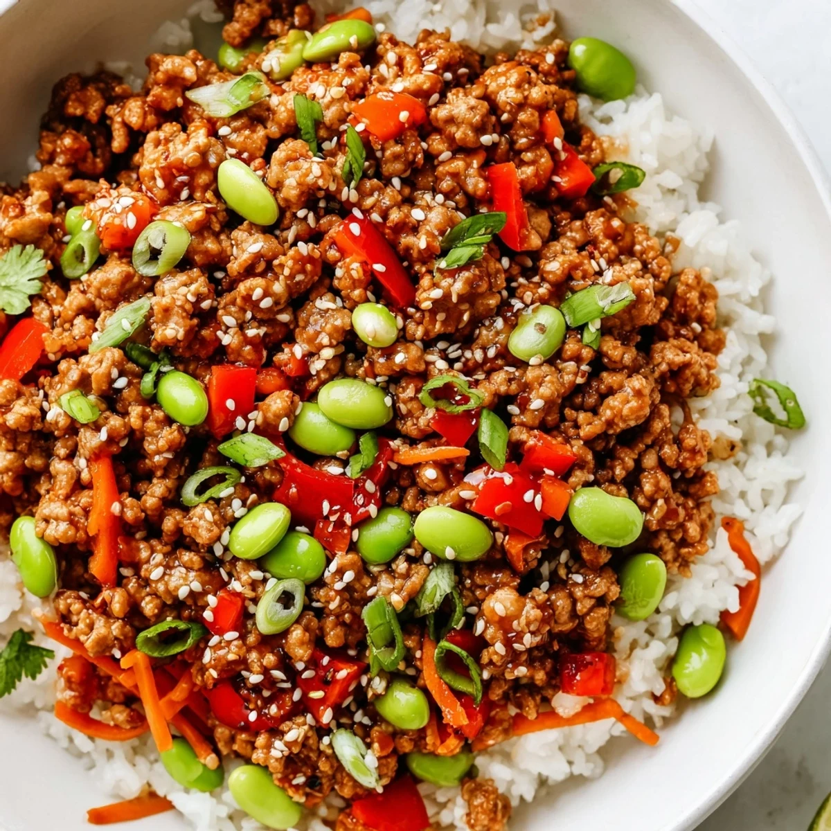 Colorful ground turkey rice bowls with seasoned meat, crisp veggies, and fluffy white rice