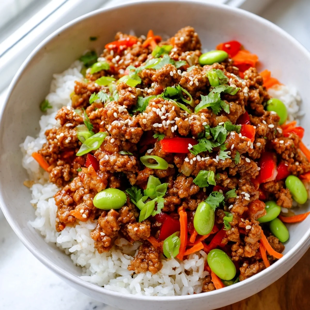 Steaming ground turkey rice bowls drizzled with savory sauce and garnished with green onions
