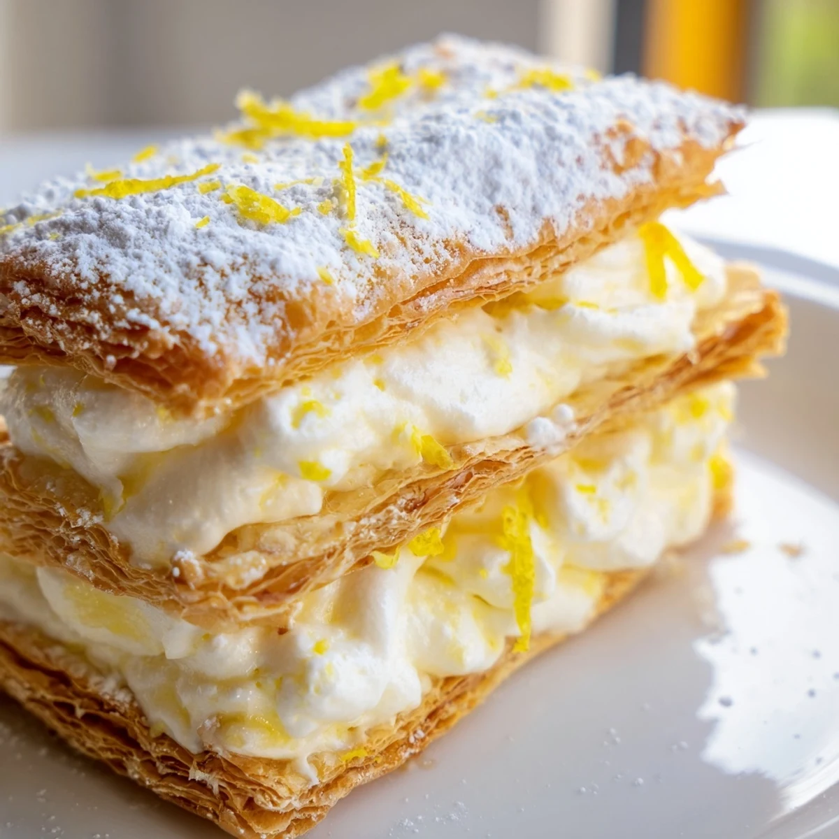 Crispy golden Lemon Ricotta Puff Pastry Mille Feuille layers dusted with snowy powdered sugar