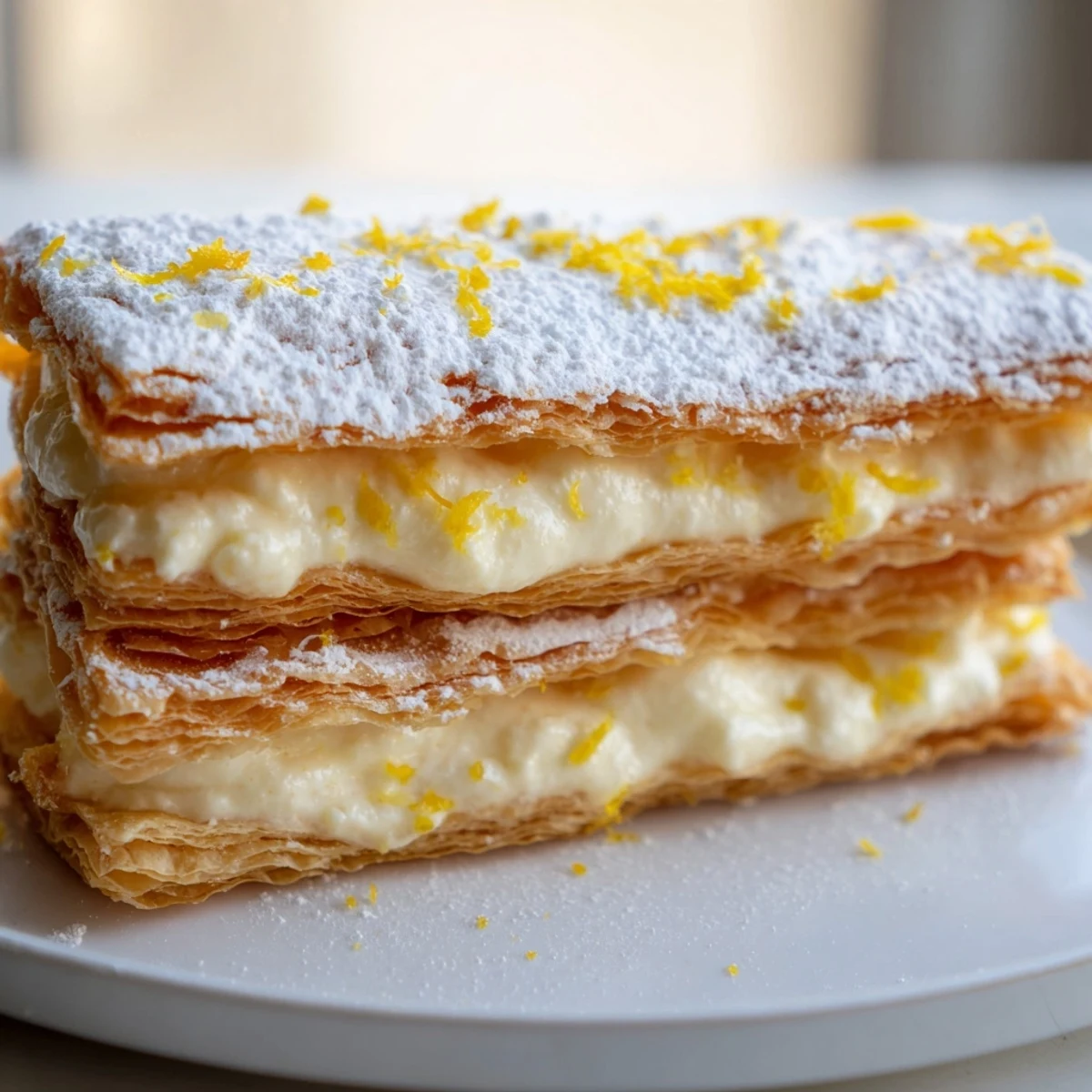 Creamy lemon ricotta filling oozes between flaky puff pastry layers on a white plate