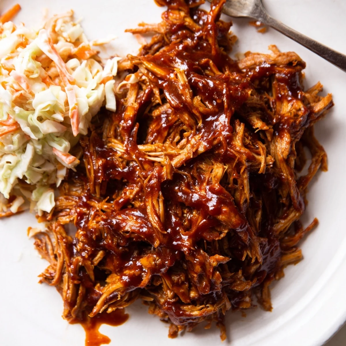 Juicy slow cooker BBQ pulled beef piled high on a toasted bun with creamy coleslaw