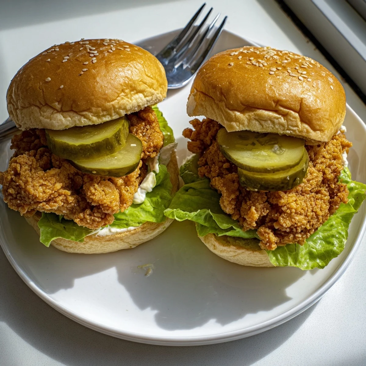 Golden crispy pickle brined fried chicken sliders stacked on soft buns with pickles and lettuce