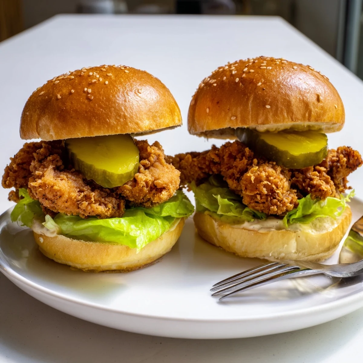 Mini pickle brined fried chicken sliders piled high with dill chips and fresh lettuce