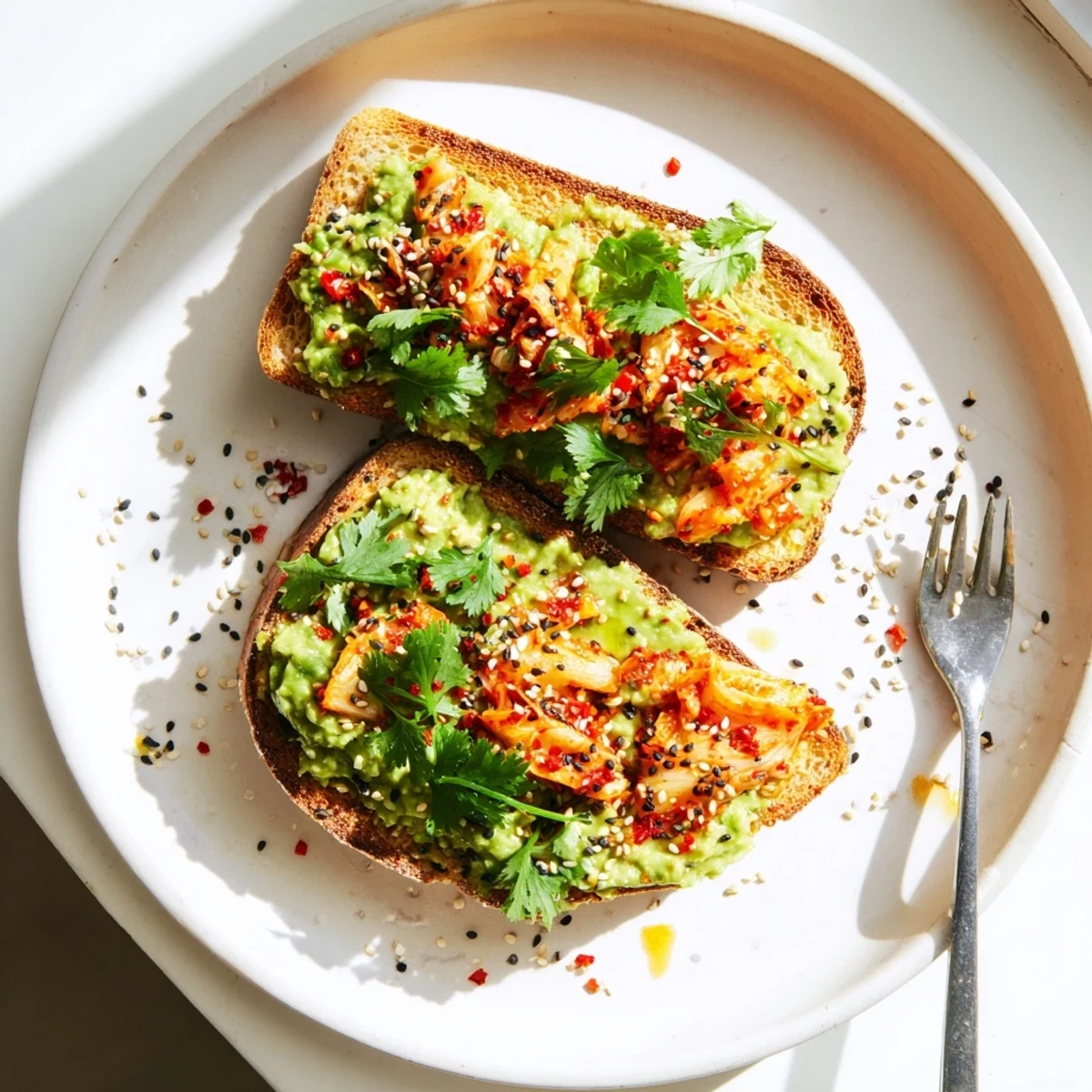 Crispy golden toast piled high with creamy avocado and vibrant spicy kimchi avocado toast