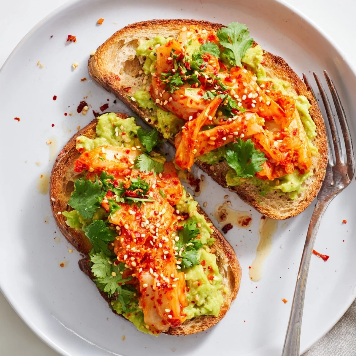 Kimchi avocado toast garnished with sesame seeds and fresh cilantro on rustic sourdough