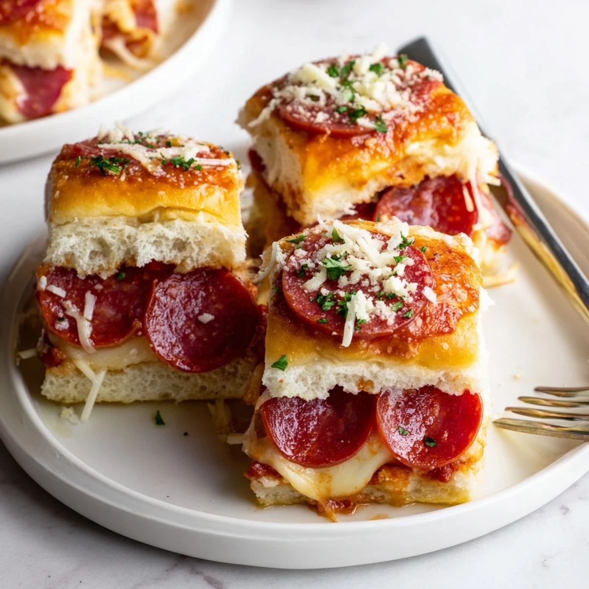 Golden hot honey pepperoni pizza sliders with gooey melted mozzarella on toasted rolls