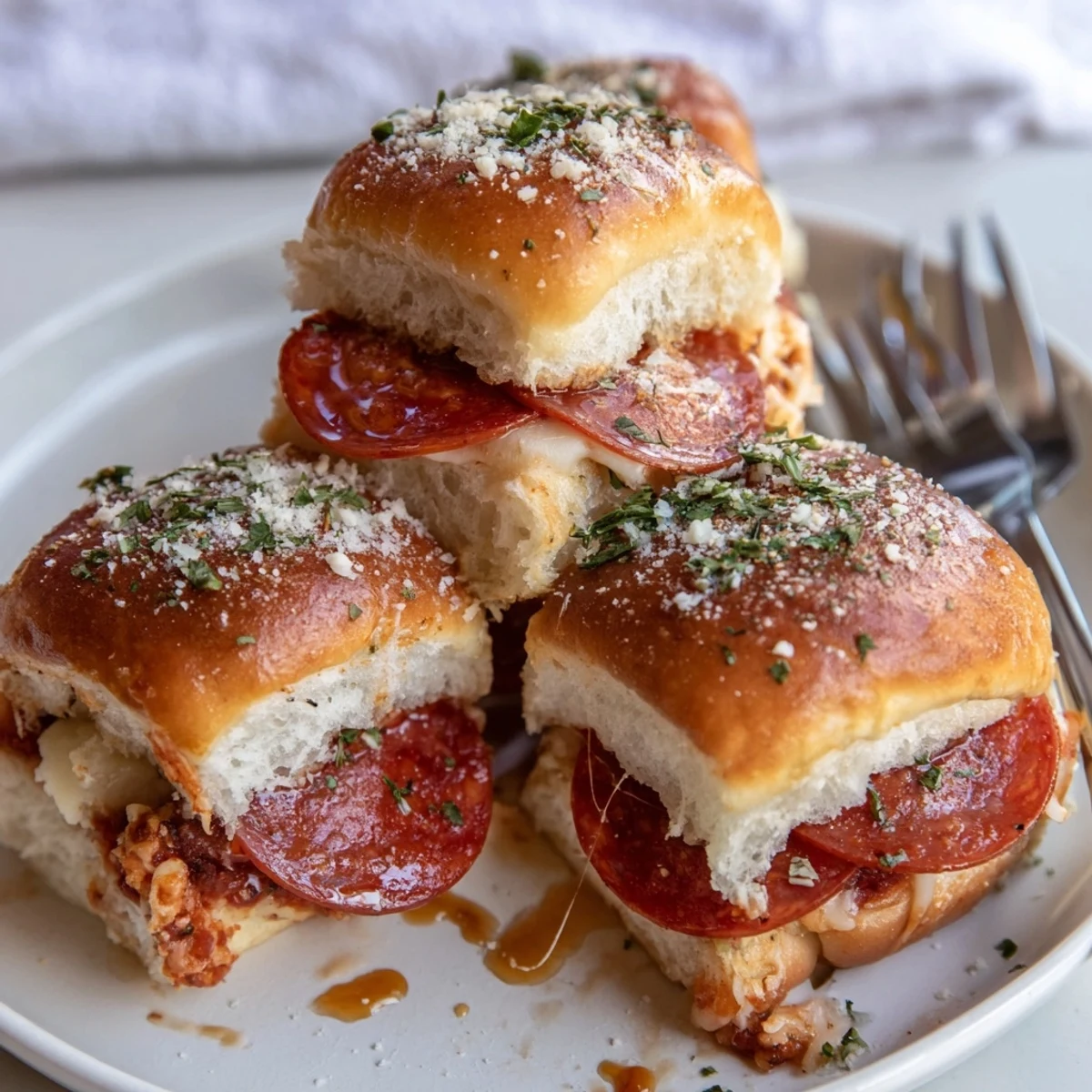 Crispy pepperoni pizza sliders drizzled with sweet and spicy hot honey glaze