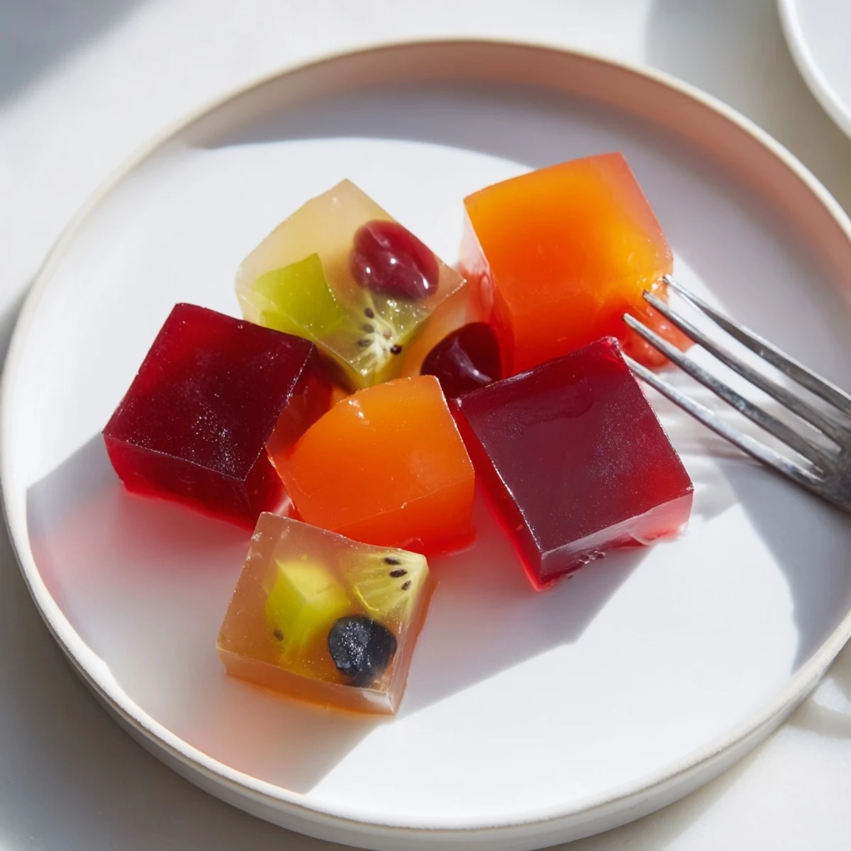 Colorful collagen fruit jellies glistening in assorted shapes on a chilled serving plate