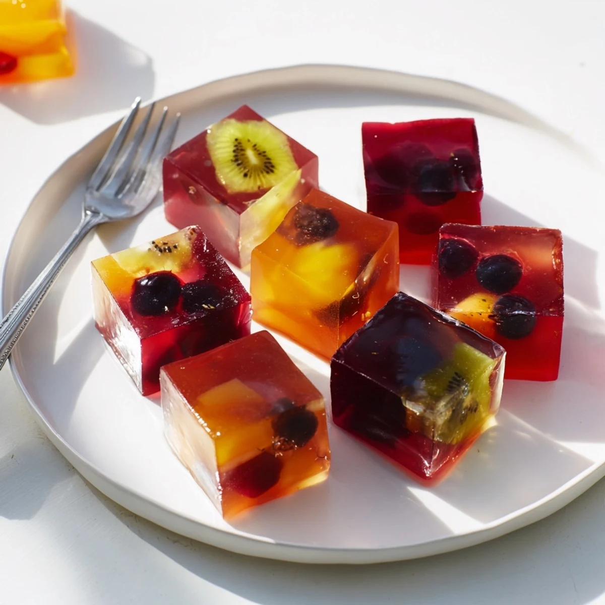 Translucent collagen fruit jellies sliced into neat cubes arranged over a rustic wooden board