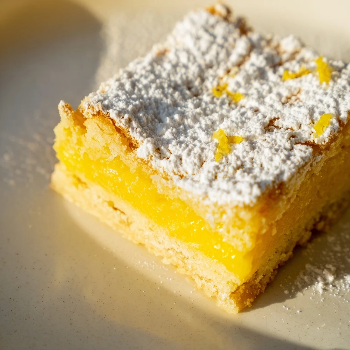 Golden simple lemon bars dusted with powdered sugar on a rustic cutting board