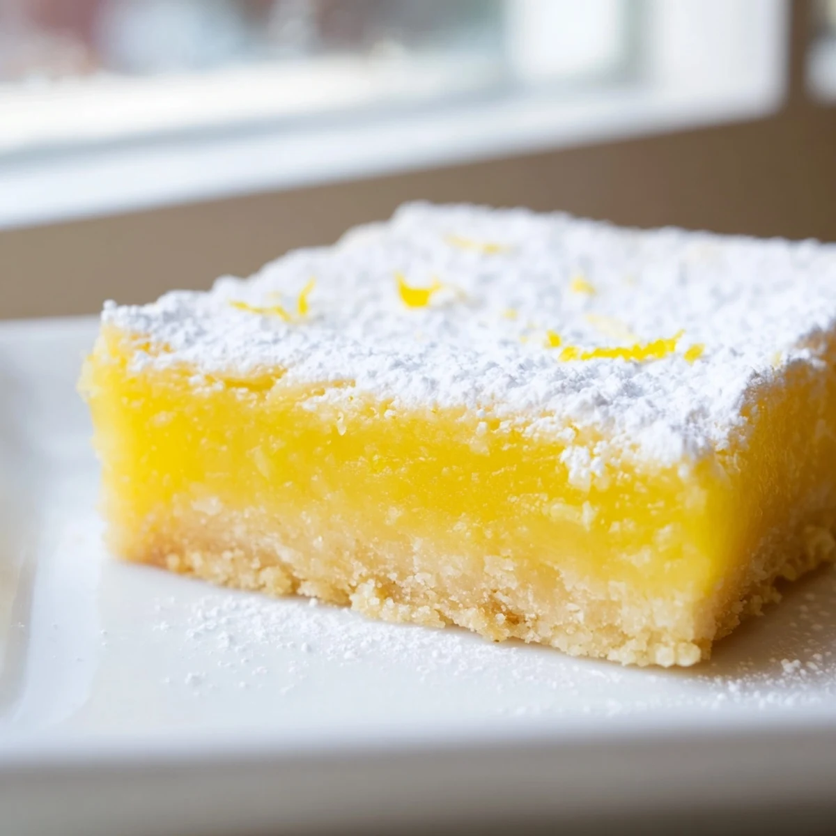 Tangy simple lemon bars topped with snowy powdered sugar served on a white plate