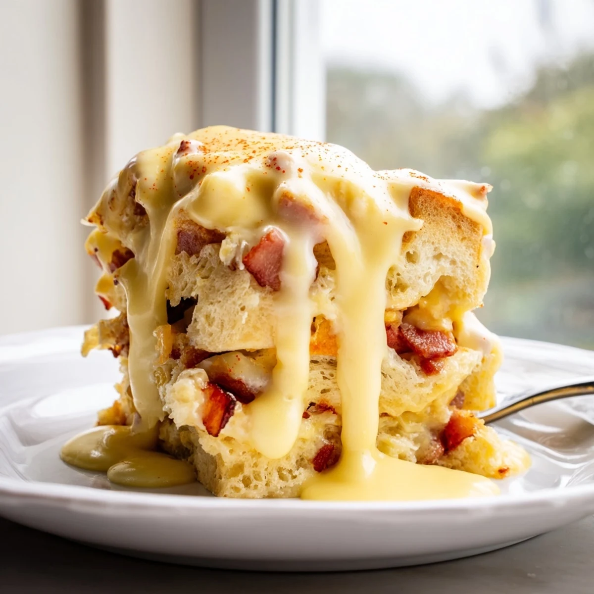 Golden baked Eggs Benedict Casserole topped with rich, creamy hollandaise sauce
