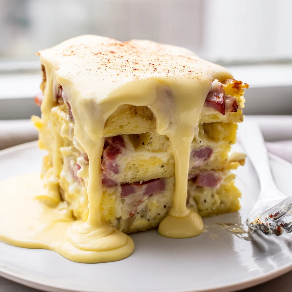 Warm Eggs Benedict Casserole with Canadian bacon and toasted English muffin pieces