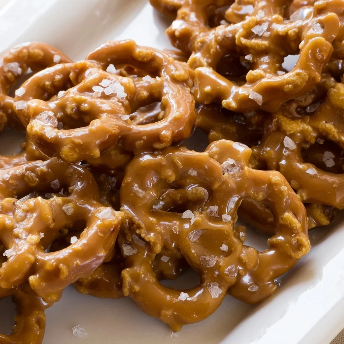 Golden butter toffee pretzels glistening with caramel coating and flaky sea salt sprinkles
