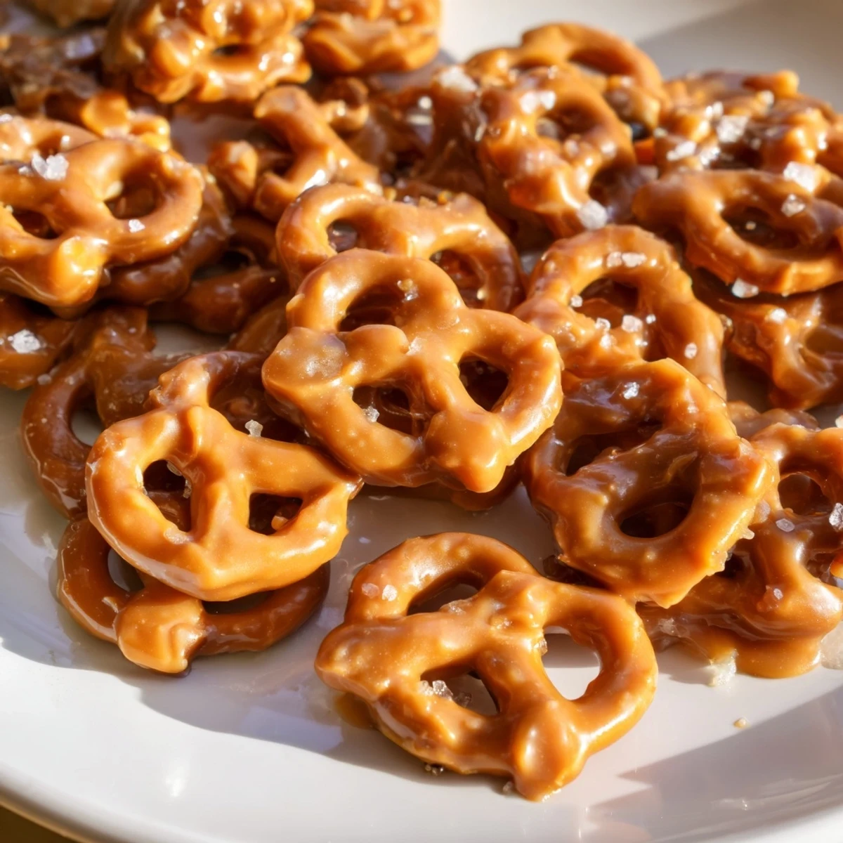 Crunchy butter toffee pretzels spread on a baking sheet coated in glossy caramel