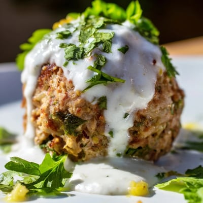 Moist ground chicken kofta nestled on a bed of rice, with a rich and tangy garlic yogurt sauce ready for dipping.