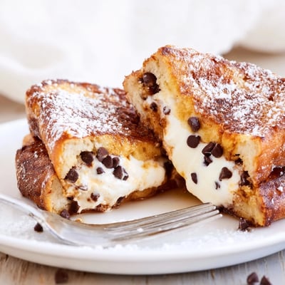 Warm Decadent Cannoli Stuffed French Toast oozing creamy ricotta filling with mini chocolate chips near maple syrup.