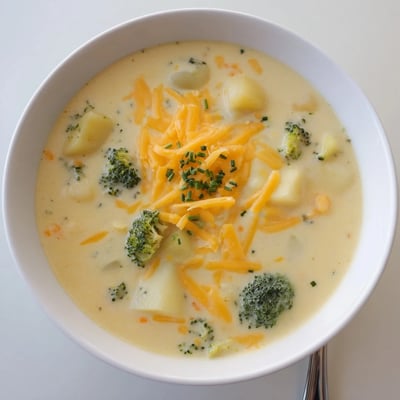 Steaming bowl of Creamy Cheesy Broccoli Potato Soup, served with crusty bread for dipping.