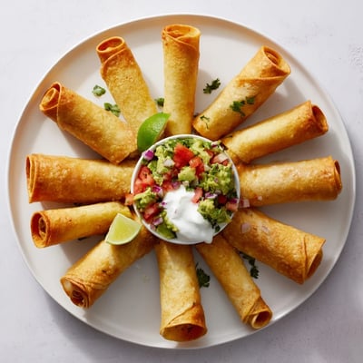 Golden Crispy Shrimp Avocado Taquitos served hot with lime wedges and fresh cilantro garnish.