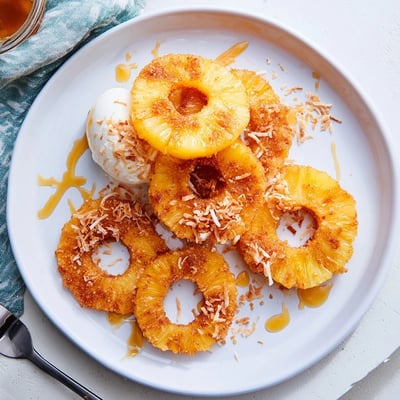 Warm Fried Pineapple served on a dessert plate with a scoop of vanilla ice cream melting slightly.