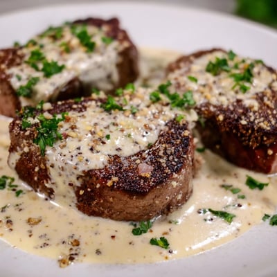 Garlic Butter Steak With Parmesan Cream Sauce served on a white plate next to roasted potatoes and herbs.