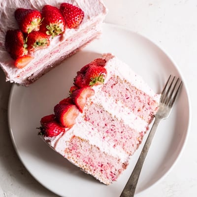 Moist Strawberry Velvet Cake layers with smooth cream cheese frosting and sliced strawberries, served on a rustic wooden dessert board.