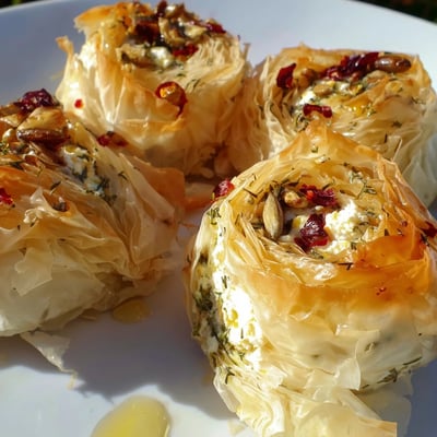 A close-up view of Oven Fried Feta Rolls with Spicy Chili Honey, drizzled with vibrant red honey and fresh herbs.