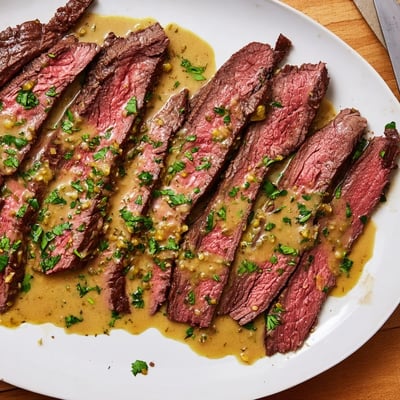 A juicy flank steak topped with creamy roasted garlic sauce and fresh parsley for a special dinner.