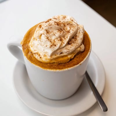 Steaming mug of homemade pumpkin spice latte with frothy milk and autumn spices