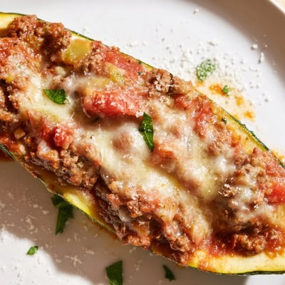 Tender zucchini halves filled with savory ground beef, topped with bubbly Parmesan