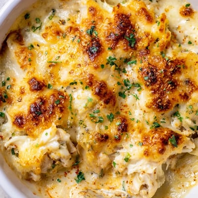 Golden baked crab au gratin casserole with sweet lump crab meat inside