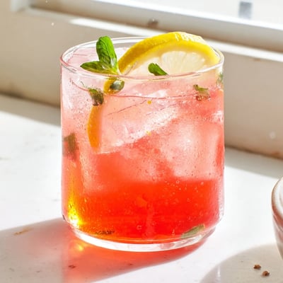 Vibrant honey lemon pink soda in a tall glass garnished with citrus slices