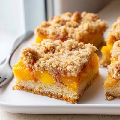 Sweet and buttery peach bars with cinnamon streusel cut into neat squares
