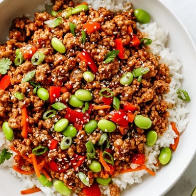 Colorful ground turkey rice bowls with seasoned meat, crisp veggies, and fluffy white rice
