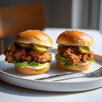 Crunchy pickle brined fried chicken sliders served warm on toasted buns with creamy mayo