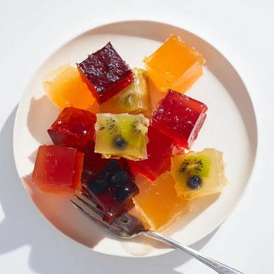 Bouncy collagen fruit jellies dusted with sparkle alongside fresh berries and mint