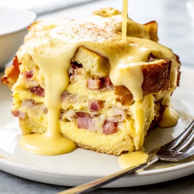 Steaming scoop of Eggs Benedict Casserole drizzled with buttery hollandaise on a plate